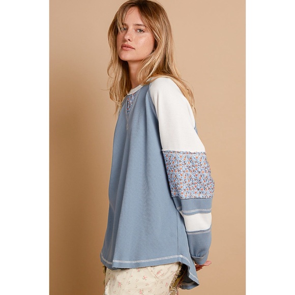 POL Blue & White Floral Contrast Long Sleeve Oversized Thermal Top - Picture 6 of 8